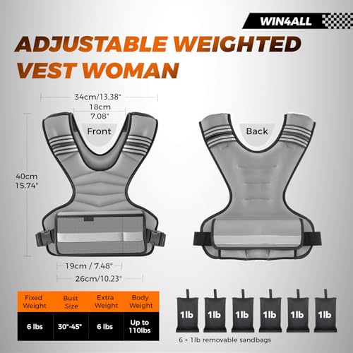 WIN4ALL Weighted Vest Woman Adjustable Weights For Walking, 6-12lb, Weighted Vest Woman with 6 Ironsand Weights, Weight Vest For Women/Men, Weight Vest For Walking, Strength Training, Running, Grey