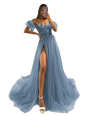 3D Flowers Prom Dress for Women Tulle Off The Shoulder Long A-Line Formal Party Gowns with Slit