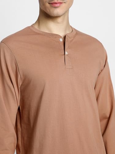 Image of Veirdo Pure Cotton Regular Fit Henley Neck Plain Solid Full Sleeve T-Shirt for Men & Boys (Color Options: Black, Red, Swanwhite, Navy Blue, White, Cork, Green, Maroon, Mustard, Royal Blue)