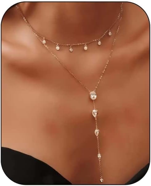14k Gold Plated/Silver Y - Shaped Pendant Necklace, Trendy Layered CZ Beaded Chain Drop Choker for Women, Dainty O - Chain Minimalist Jewelry, Elegant Gift Option