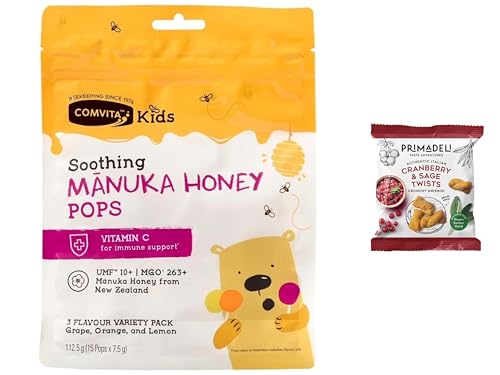 ComvitaKids Soothing Manuka Honey Pops 15-Pack + Primadeli | UMF 10+ MGO 263+ | Vitamin C Lollipops for Kids | Natural Throat Soothing & Immune Support | (Pack of 1) From SuperfoodUK