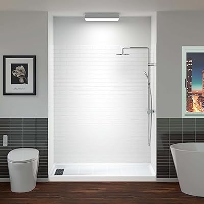 WOODBRIDGE 60 in. L x 32 in. W x 75 in. H Alcove Solid Surface Shower Combo Kits with Glue Up Shower Walls in Glossy White and Single Threshold Shower Base in White with Left Drain and Black Cover