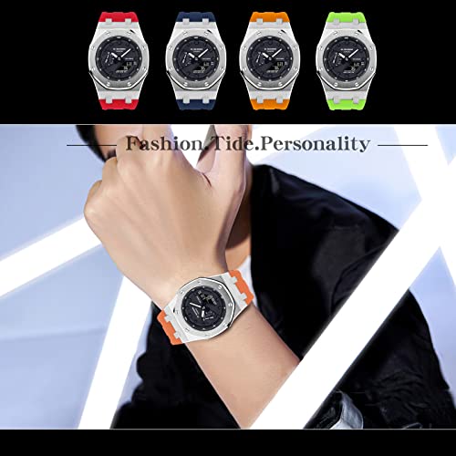 Image of GA2100 Stainless Steel Watch Case with Metal Watchband and Rubber Strap Mod Kit - Compatible with GA-2100 /GA-2110 /GA-B2100 Series - Watch Part Replacement