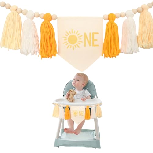 GlamRays Primer Cumpleaños Boho Sol Banner de Silla Alta - Sol Borlas Primeras Decoraciones de Fiesta de Cumpleaños Borlas Amarillas Cuentas de Madera Banner de Silla Alta