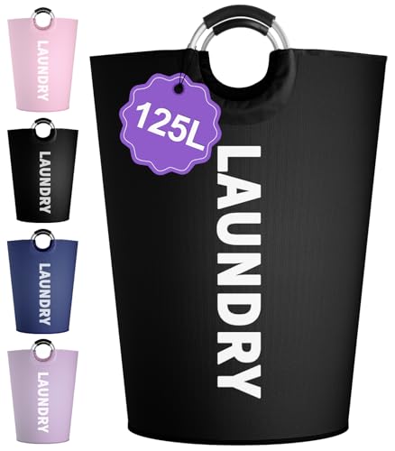 Image of 125L Extra Large Laundry Basket with Handles, Collapsible Clothes Hamper for Bedroom, Independent Dirty Clothes Basket, Portable Laundry Bin for Hotel, Dorm, Black