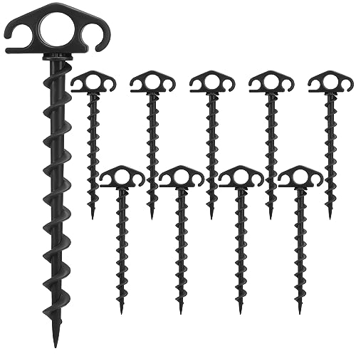 COBARYEN Tent Stakes Ground Anchors Screw in, 10 Pack Sand Stakes for Beach 9.4 Inch Heavy Duty Spiral Tent Pegs for Camping, Party, Hiking, Outdoor Decoration (10, Black)