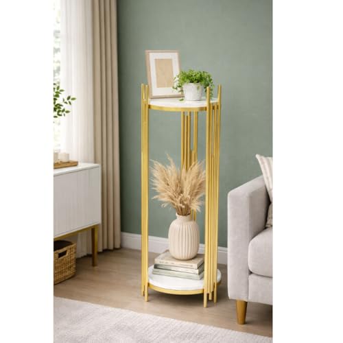 Image of Modern Gold Plant Stand 2 Tier | Metal Flower Pot Stand with Marble Finish Shelves | Decorative Corner Plant Holder for Living Room, Bedroom & Balcony