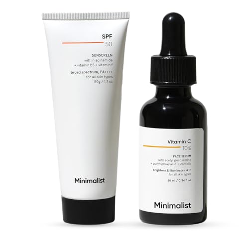 Image of Minimalist Brightening & UV Defense Combo | 10% Vitamin C Face Serum 10ml + SPF 50 PA++++ Cream Sunscreen 50g | For All Skin Types