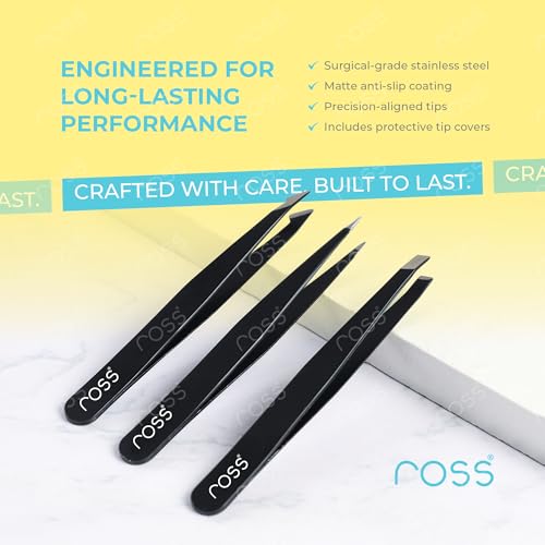 Image of Ross 3PCS Precision Tweezers Set - Stainless Steel Slant, Pointed & Curved Tips - Professional Kit for Eyebrow Shaping, Facial Hair, Ingrown Hair & Splinter Removal, Craft & Beauty Use - Black Finish