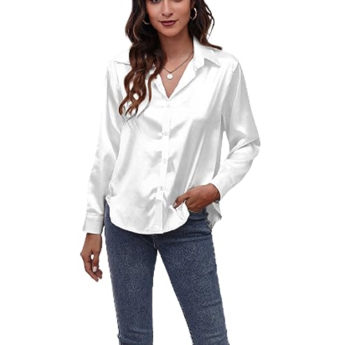 Camisa de Seda de satén para Mujeres - Botones, Manga Larga, Casual, Elegante (XL,Blanco)