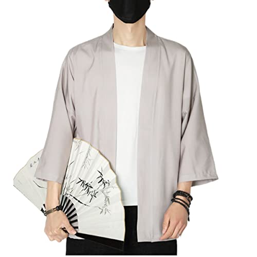 Men\'s Japanese Haori Jacket Kimono Noragi Cardigan 3/4 Sleeve Casual Happi Coat M1-Khaki X-Large