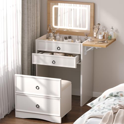LUXOAK Tocador 3 en 1 con Espejo LED y Taburete – Tocador con cajones, Estante Plegable y Espacio de Almacenamiento – Mesa cosmética para Dormitorio, habitación Infantil y apartamento, Color Blanco