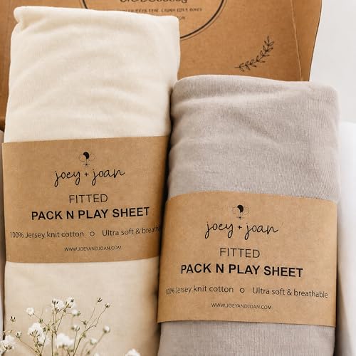 Image of Travel Crib Fitted Sheets for Baby Bjorn, Guava Lotus Travel Crib and 24 inch x 42 inch Inch Travel Light Playard Mattress - Snuggly Soft 100% Jersey Cotton - Gray + Beige - 2 Pack