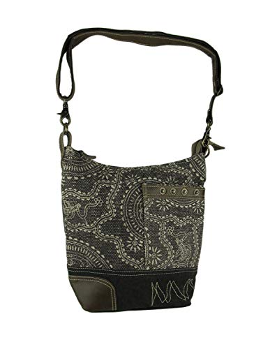 Black and Grey Vintage Carvings Print Upcycled Canvas and Leather Trim Handbag
