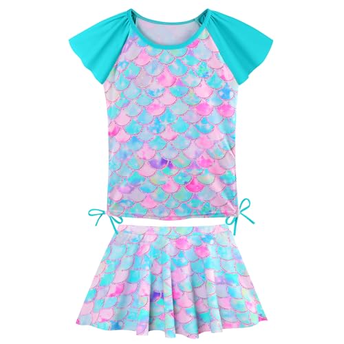 Image of Girls Rash Guard 2 Pieces Bathing Suit UPF50+ Swimsuit with Swimming Skirt Swimwear 2-14Y
