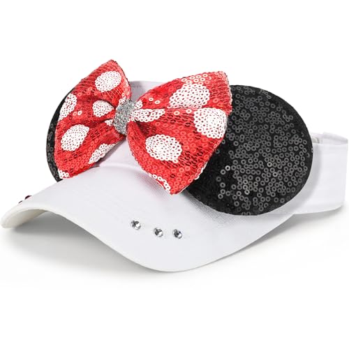 Adult Size Mouse Ears Visors for Women Adjustable Sun Visor Hat Baseball Cap with Sequin Mouse Ears Bow for Theme Park Decor White Red