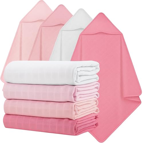 Image of Preboun 4 Pcs Muslin Hooded Baby Towels,32"x 32" Cotton Newborn Bath Towel Muslin Infant Baby Blankets Absorbent Unisex Newborn Registry Gift for Girls Boys(Pink Series)