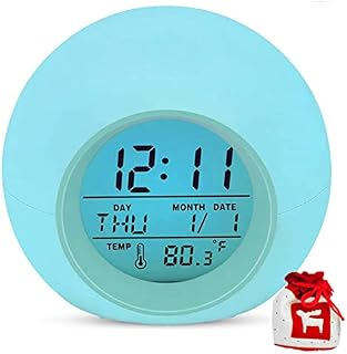 Kids Alarm Clock, 7 Color Night Light, Snooze, Temperature Detect for Toddler, Children Boys and Girls, Students to Wake up at Bedroom, Bedside, Batteries Operated