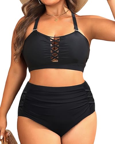 Daci Women Plus Size Two Piece Swimsuit - High Waisted Bikini Tummy Control Bathing Suit Bandeau Swimwear
