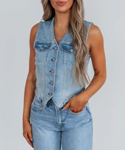 Denim Vest for Women Sleeveless V-Neck Button Down Washed Short Jean Vest Top2