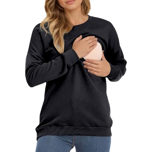 Gefomuofe Blusa de maternidad para mujer, monocolor, cuello redondo, manga larga, invierno, informal, jersey básico, sin capucha, elegante, jersey de maternidad, parte superior, Negro , M