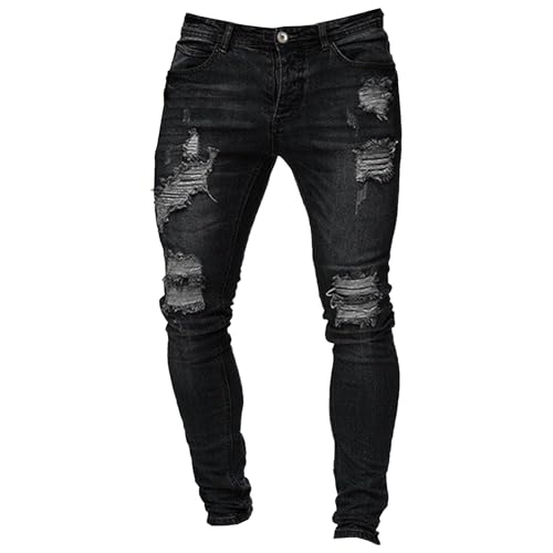 Men's Ripped Jeans Skinny Distressed Moto Biker Jeans Gothic Zipper Denim Pants Tapered Leg Slim Fit Jean