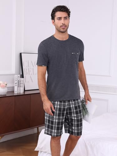 RQP Mens Pajama Set Soft Breathable Sleepwear Lightweight 2 Piece Loungewear Comfortable PJs for Sleeping Lounging Travel,Black Plaid — view 3