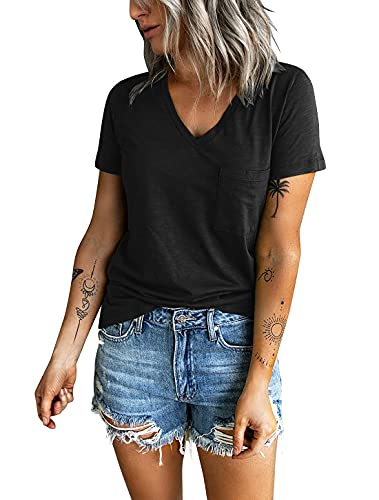 Sunborui Women's Summer Short Sleeve V Neck T Shirts Pocket Solid Loose Casual Tee Tops (Black, Large) #TOP2