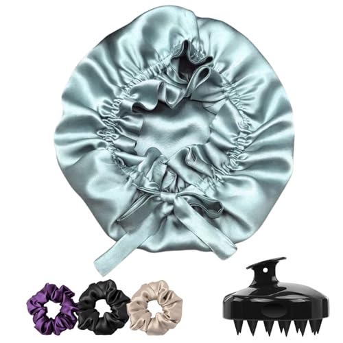 Image of Atrube's Silk Satin Hair Bonnet Reversible with Adjustable Tie Band Wrap Satin Wrap with Hair Scalp Massager Shampoo Brush and 3 Scrunchies (Blue)