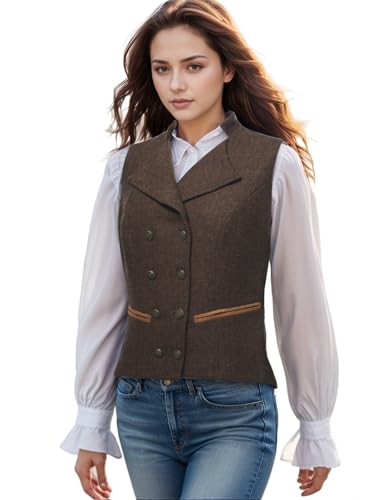 UniqKaliber V-Neck Suit Vest for Women, Tweed Work Wear Slim Fit Waistcoat Office Double Breasted Business Lapel Dressy Vest
