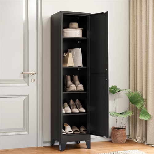 Image of COFaR 67 inch Slim Bathroom Storage Cabinet, Black Metal Storage Cabinet with Magnetic Door & 4 Adjustable Shelves, Slim Freestanding Cupboard for Office, Kitchen, Bathroom
