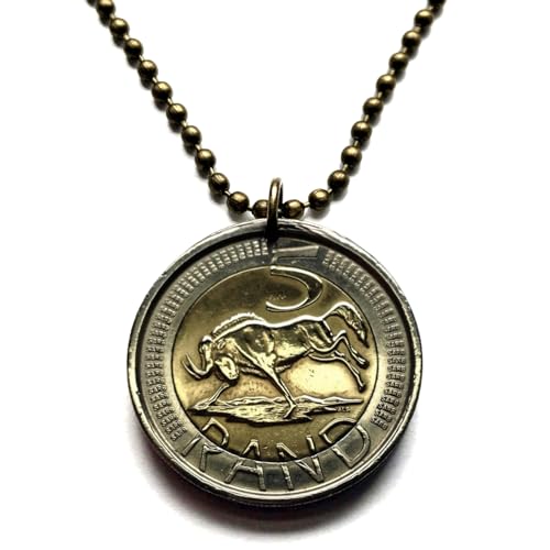 2005 South Africa 5 Rand coin pendant necklace wildebeest gnu bucking antelope Cape Town Pretoria Johannesburg Bloemfontein Soweto Bantu Zulu Xhosa Tswana Kgalagadi Park Limpopo Nguni n000718