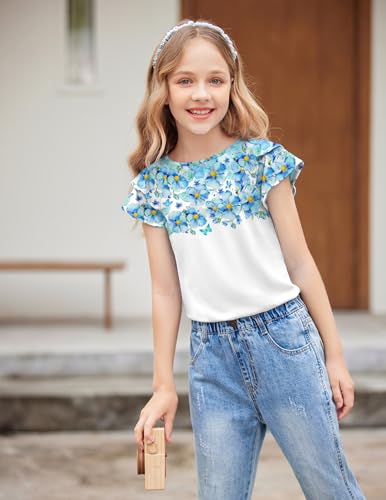 Image of Girls T Shirts Ruffle Short Sleeve Round Neck Loose Blouse Summer Solid Color Casual Girl Tee Tops for 3-12 Years