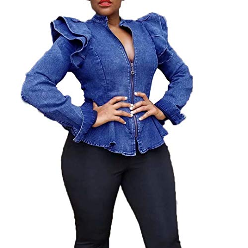 Oversized Denim Jacket for Women Long Sleeve Classic Loose Jean Trucker Jacket Ruffle Blue S