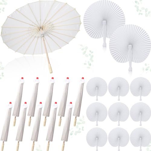 Abbylike 24 Pcs Round Folding Paper Fan and Oil Paper Umbrella Set, 32 in White Paper Parasol and 5.7 in Round Paper Fan, Suitable for Wedding Party Decoration Birthday Gift Supplies