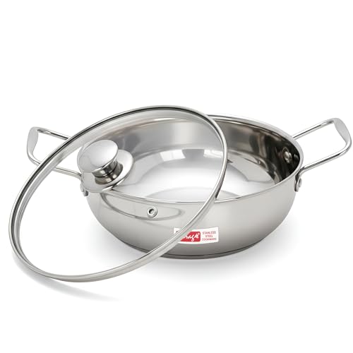 Image of Parage 1 Pieces Stainless Steel Mini Kadhai 1.5 Litre with Glass Lid for 2-3 People | Gas & Induction Friendly Encapsulated Base | Rust-Resistant Cookware for Daily Cooking