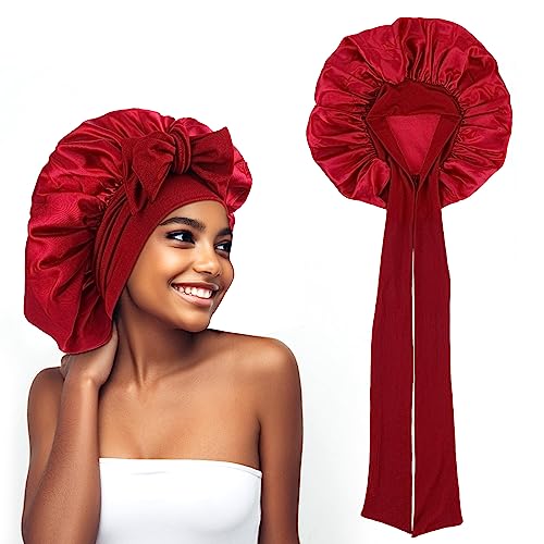 Abeillo Silk Sleep Bonnets for Women 1PC Adjustable Satin Night Sleeping Cap Soft Elastic Band Silk Bonnets for Sleeping Hair Bonnet with Tie Band for Curly Hair Braid Women (Wine Red)