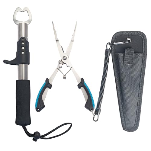 BSPIX Fishing Gear Set - Long Nose Stainless Steel Fishing Pliers 8.5', Fish Lip Gripper, Telescopic Lanyard & Sheaths - Multi-Function Saltwater Resistant Fishing Tools (Blue)