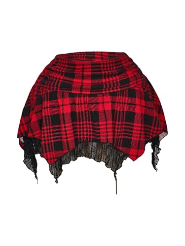 Verdusa Women's Plus Size Y2K Plaid Lace Mini Skirt Rave Club Ruched Flowy Summer Skirts