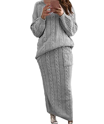 Image of Sexyshine Women's Cable Knit Long Skirt 2 Piece Outfit Chunky Oversized Pullover Sweater Top and Long Pencil Skirt Sets