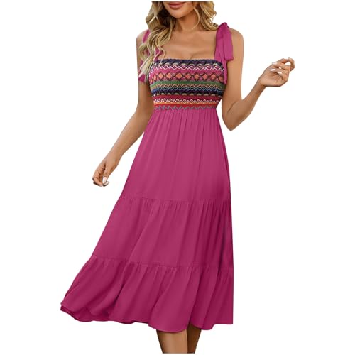 Vestido bohemio para mujer, vestido midi de verano, línea A, sin mangas, vestido de ocio, tirantes delgados, vestido de playa, vestido de verano, P-ink, S