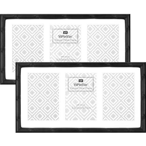 3-2x3'' Black Multi Metal Picture Frames,3 section frames 2pack, Elegant Bamboo Detail Designs Plated Photo Frames 3-2x3'' Baby Nurse frames With Soft Touch Velvet Backing for Desktop and Wall Décor(Black)