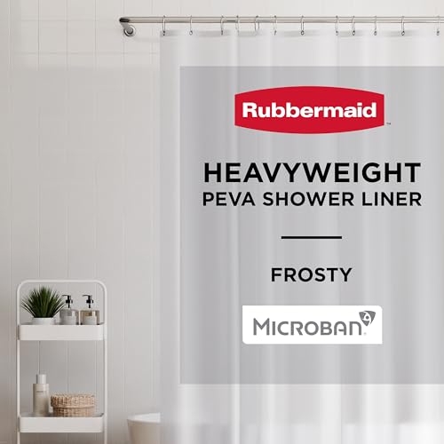 Rubbermaid Heavyweight PEVA Shower Curtain Liner, Waterproof Shower Liner with Rustproof Metal Grommets and Weighted Magnetic Hem, BPA-Free, 70 x 72 Inches, Frosty with Charcoal Grommets