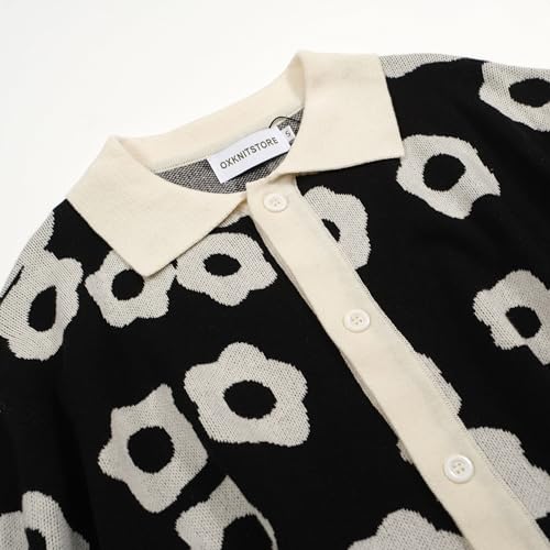 OXKNIT Mens Vintage Polo Shirts Casual Flower Pattern Knit Golf Polo Shirts Short Sleeve Jacquard Design3