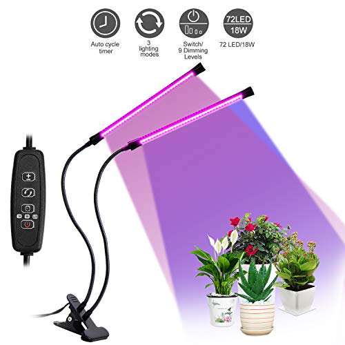 LEBANDWIT LED Grow Lights for Indoor Plants, Plant Light with 3 Timer Setting 3H / 9H / 12H, 9 Dimmable Brightness, 18W 72 LEDs Growing Lamp (2 Head 18W)