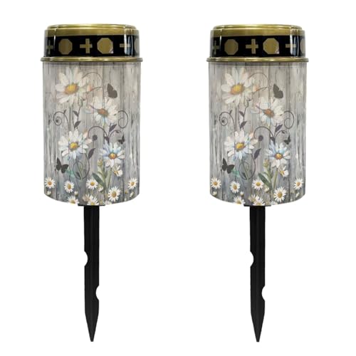 Image of Wood Print Daisy Light for Prayer Cemetery Solar Lights for Grave Cemetery Decor Candle Lamp Waterproof Solar Power Light Eternal Lights for Graves Cemetery Memorial Gift 2 PCS