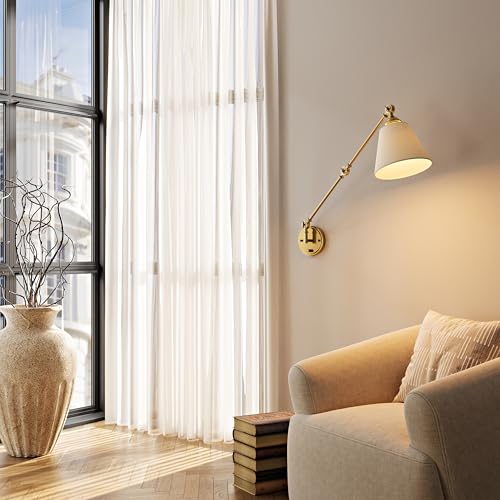 Image of Plug in Wall Sconce, Gold Adjustable Swing Arm Wall Lamp, 1 Pack | Fabric Lampshade, Plug-in or Hardwired, E26 Base, 6.6FT Plug-in Cord, Knob Switch, Living room, bedroom, study room, office
