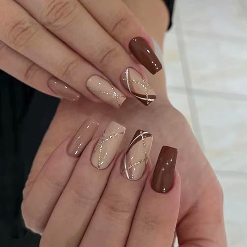 MISUD Press on Nails - Medium Coffin Glue on Nails with Fall Brown,...