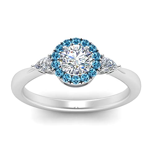 Image of Sterling Silver Sapphire & CZ Diamond Halo Engagement Ring with Pear Accent, Round Shape, Wedding & Everyday Jewelry for Women, US Sizes 4-12