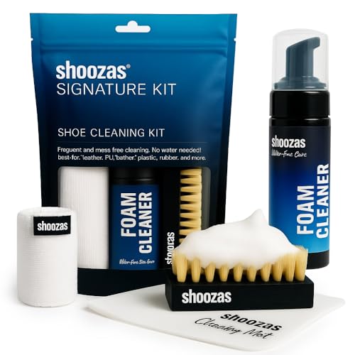 SHOOZAS – Kit zur Schuhreinigung – Schaumreiniger, Wasserdichte Matte, Bürste und Mikrofasertuch – Ideal für Leder, Gummi, Kunststoff und Sohlen – Ohne Wasser, Schnelltrocknend., 11.01 €